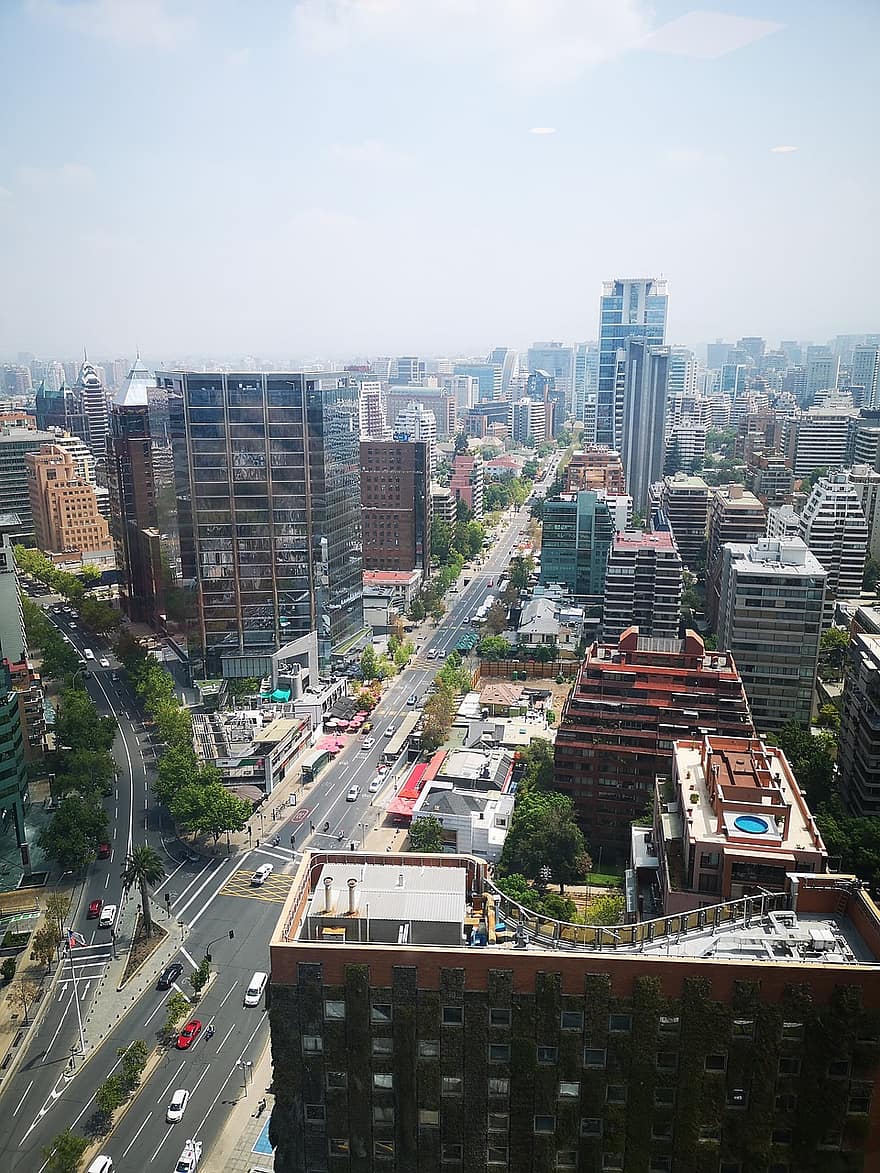 サンティアゴ、チリ、シティ、空撮、都市、建物