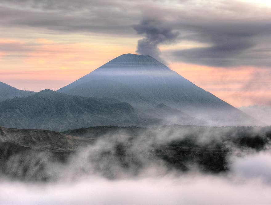 vulcan, peisaj, ceaţă, nori, răsărit, munţi, natură, zori de zi, pitoresc, java