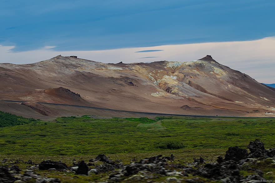 Īslande, kalns, laukos, ainavu, vasarā, zāli, mākonis, debesis, zils, ceļot, lauku ainas