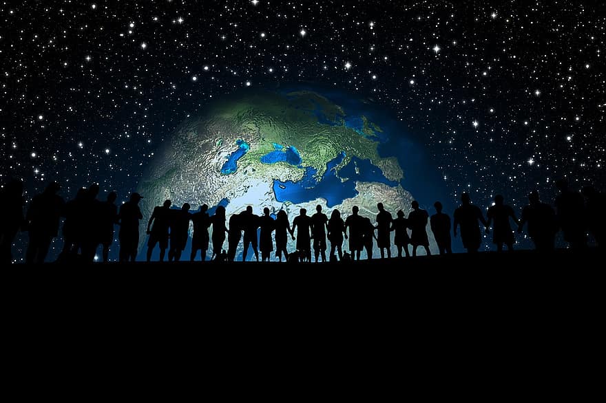 člověk, lidského řetězce, Země, zeměkoule, Evropa, Asie, skupina, osobní, galaxie, prostor, nebe