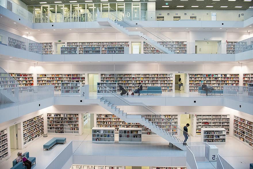 Perpustakaan, Arsitektur, buku, pedalaman, desain interior, tangga, rak buku, pengetahuan, bacaan, desain modern, Arsitektur modern