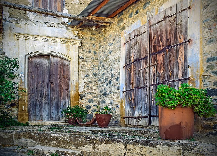 casa antiga, porta de fusta, façana, poble, pera oreinis, Xipre, porta, edifici, tradicional, arquitectura, backstreet