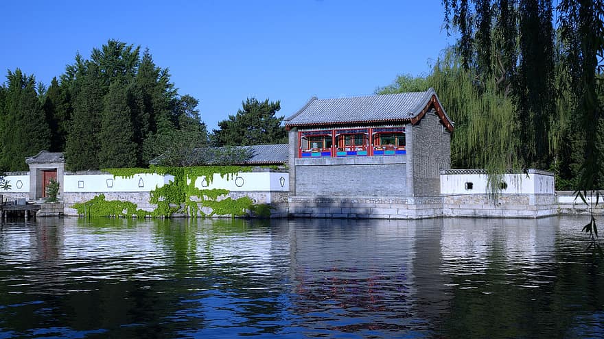 stile cinese, costruzione, lago, parco, giardino, residenza estiva, estate, acqua, paesaggio, architettura, posto famoso