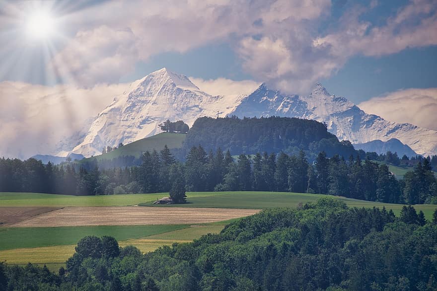 alpine, sol, bakgrunnsbelysning, Sonnenstern, foten av alpene, fjellene, snø, Sveits, landskap, panorama, bavaria