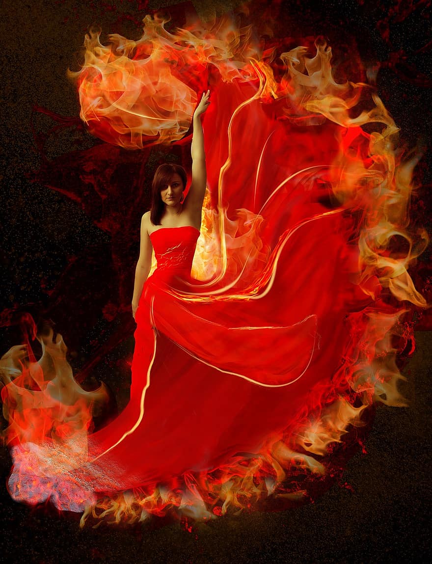 жінка, Дівчина у вогні, червоне плаття, Вогняна сукня, полум'я, жінки, вогонь, явище природи, дорослий, чуттєвість, краса
