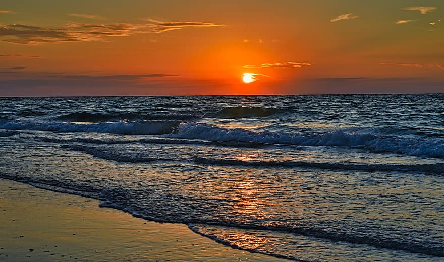 日没、空、湾、海岸、フロリダ、砂、海、水、海洋、イブニング、美しさ