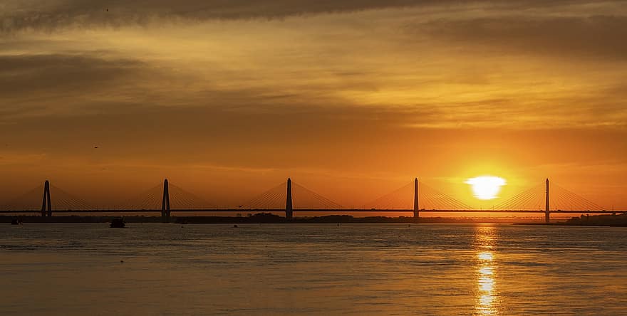 ponte, rio, por do sol, crepúsculo, Dom, luz solar, Céu laranja, reflexo do sol, agua, reflexão de água, cenário