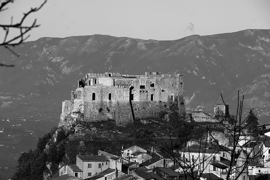 κάστρο, ιστορικός, μονόχρωμος, ταξίδι, ο ΤΟΥΡΙΣΜΟΣ, cilento, παλαιός, αρχιτεκτονική, ιστορία, βουνό, αρχαίος