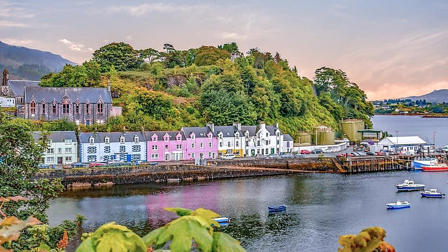 hus, havn, Isle of Skye, portree, Skottland, by, vann, nautisk fartøy, berømt sted, reise, arkitektur