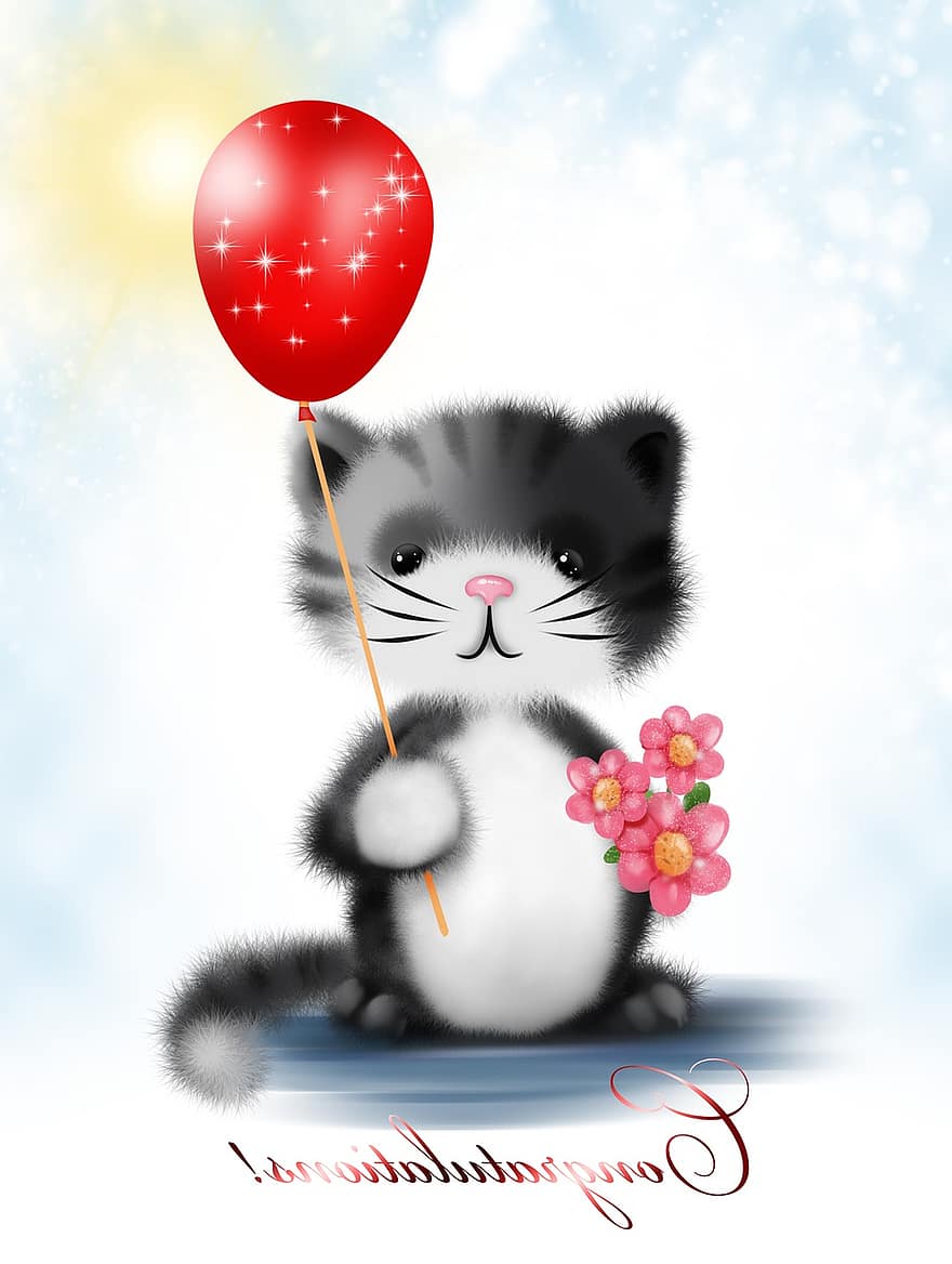 Grußkarte, Kätzchen, Blume, süß, Romantik, Liebe, Ballon, Zeichnung