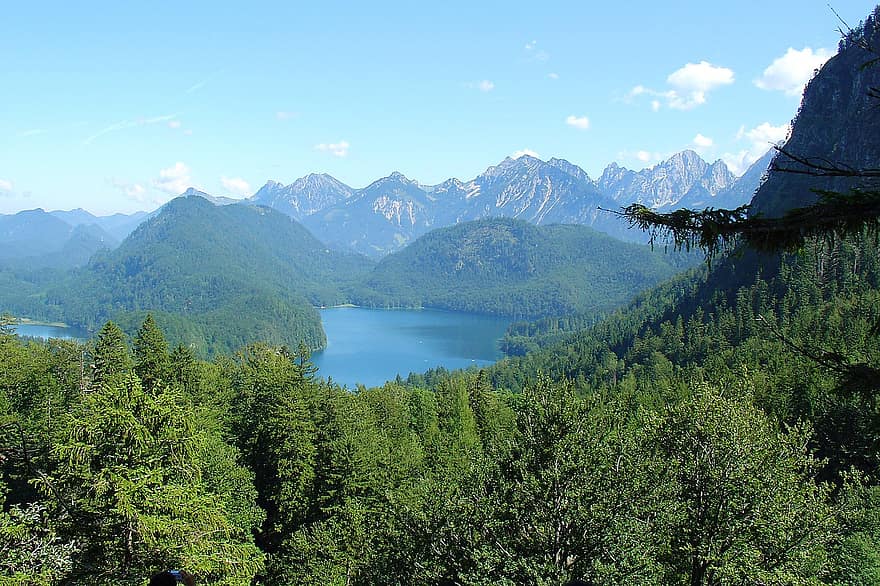 fjell, innsjø, natur, landskap, tyrol, neuschwanstein, skog, sommer, blå, grønn farge, vann