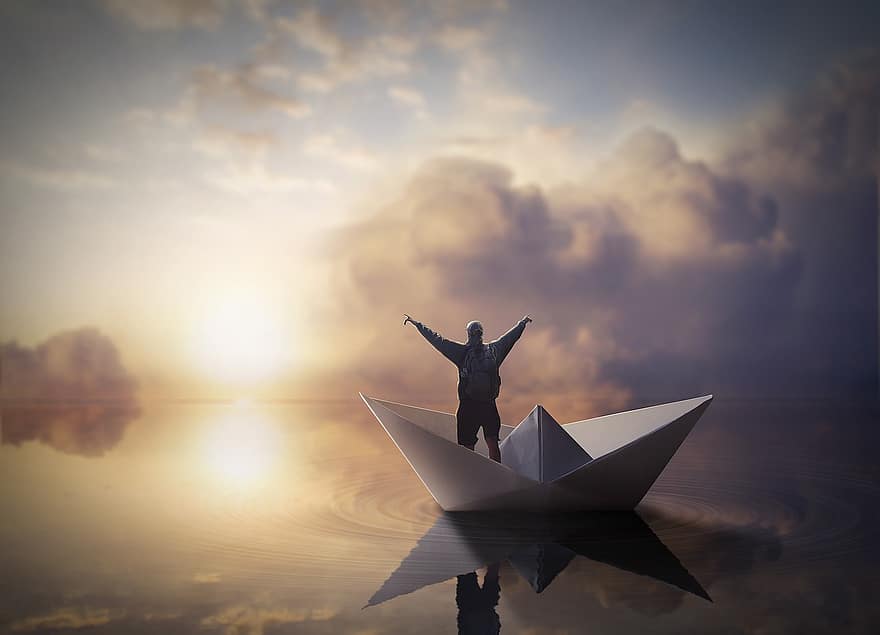 Paper Boat, Man, Sea, Sunset, Travel, Sun, Reflection, Sunlight, Horizon, Boat, Ocean
