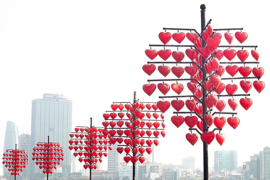 oraș, inimă, decor, roșu inimile, baloane, posturi, decorativ, forma de inima, dragoste, zi, simbol