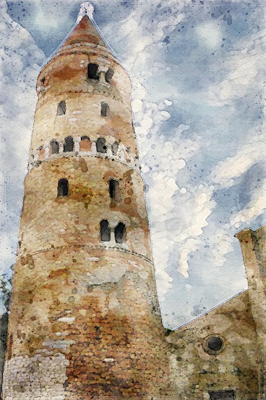 bibione, toren, gebouw, Italië, kasteel, historisch, architectuur, oude stad, waterverf, schilderij