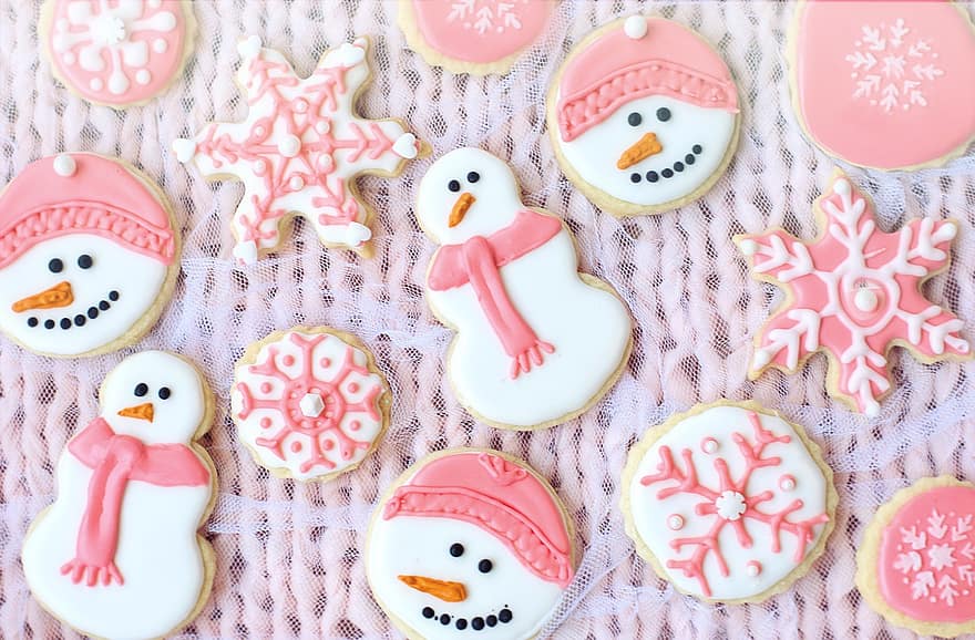 Royal Icing Cookies, småkakor, vinter-, snögubbe, snöflingor, bakverk, bakad, mat, mellanmål, efterrätt, Snowmen Cookies