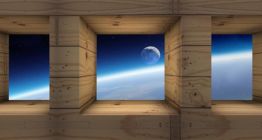 lune, espace, atmosphère, la fenêtre, niche, mur, planches, texture, Contexte, graphique, carré