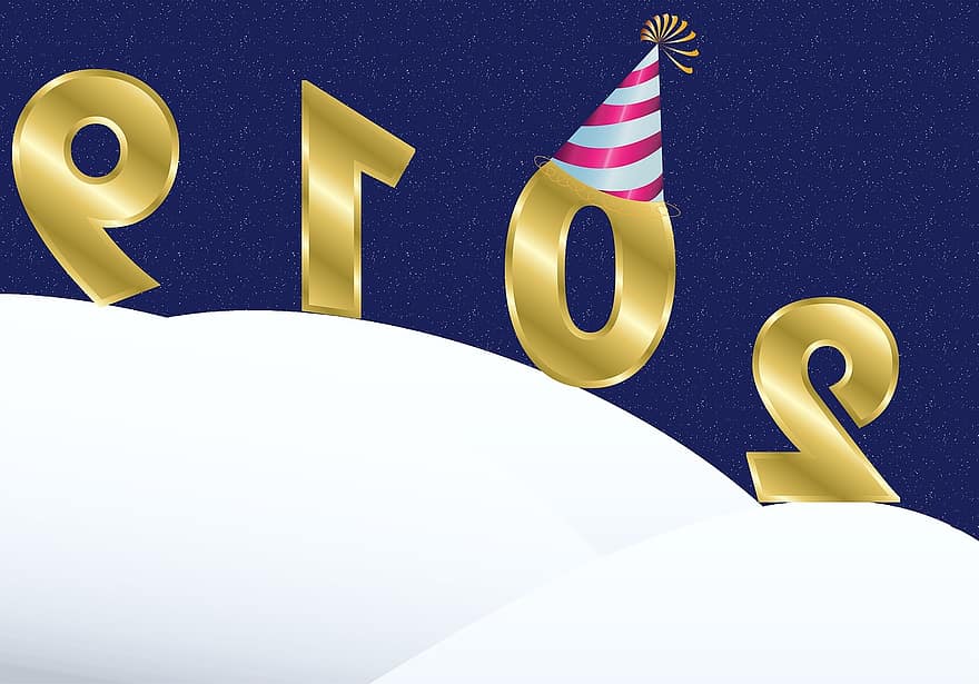 nový rok, oslava, 2019, rok, slavit, den, událost, statistika, doré, párty klobouk, sníh