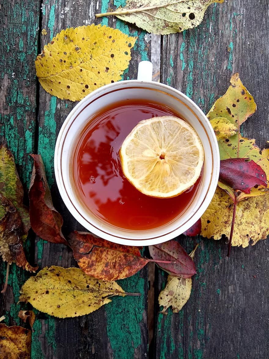 podzim, čaj, ráno, šálek čaje, stálý život, citronový čaj