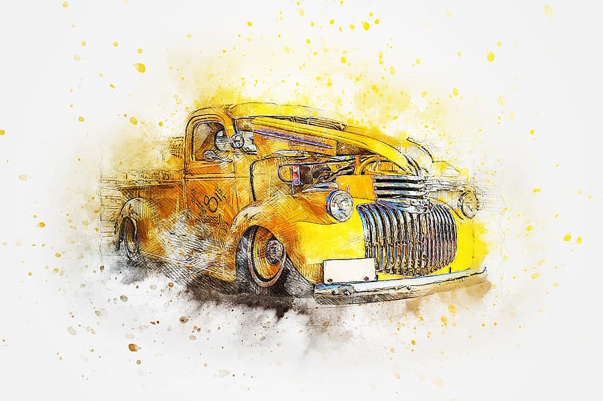 Car, Old Car, Art, Abstract, Watercolor, Vintage, T-shirt, Artistic, Auto, Design, Aquarelle