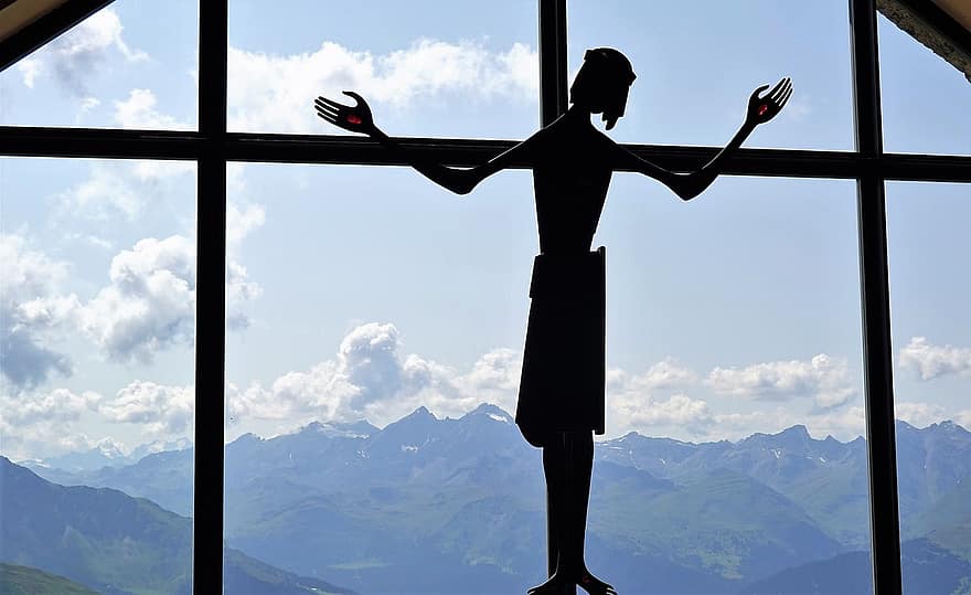 krzyż, kościół, Ziteil, Graubünden, sylwetka, Jezus, rzeźba, katolicki, chrześcijaństwo, okno, góry