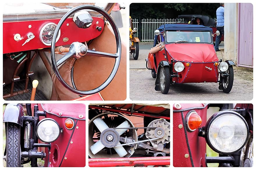 collage, Velorex, os-kar, driewieler, auto, oud, historisch, czechoslovakia