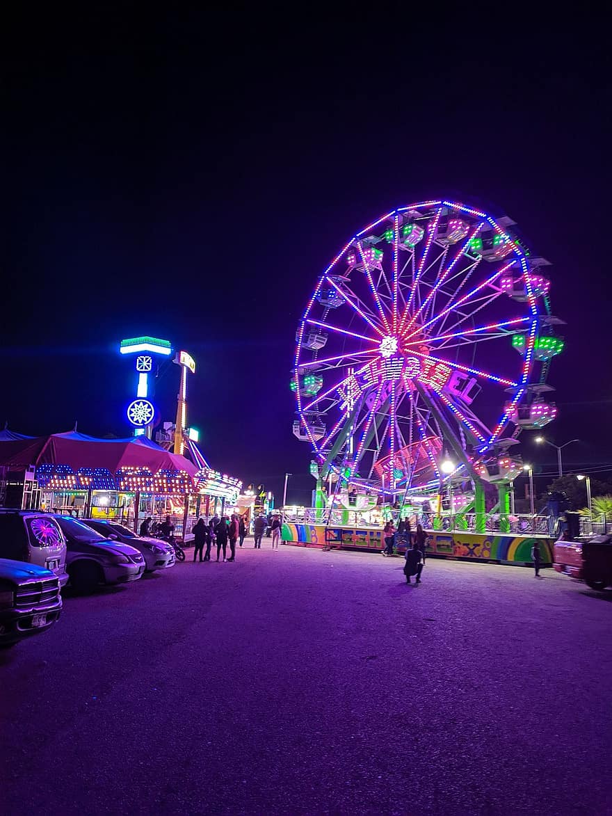 Ferris Wheel, Fair, Night, Carnival, Funfair, Amusement Ride, Amusement Park, Lights, Evening, Noche, Rueda De La Fortuna