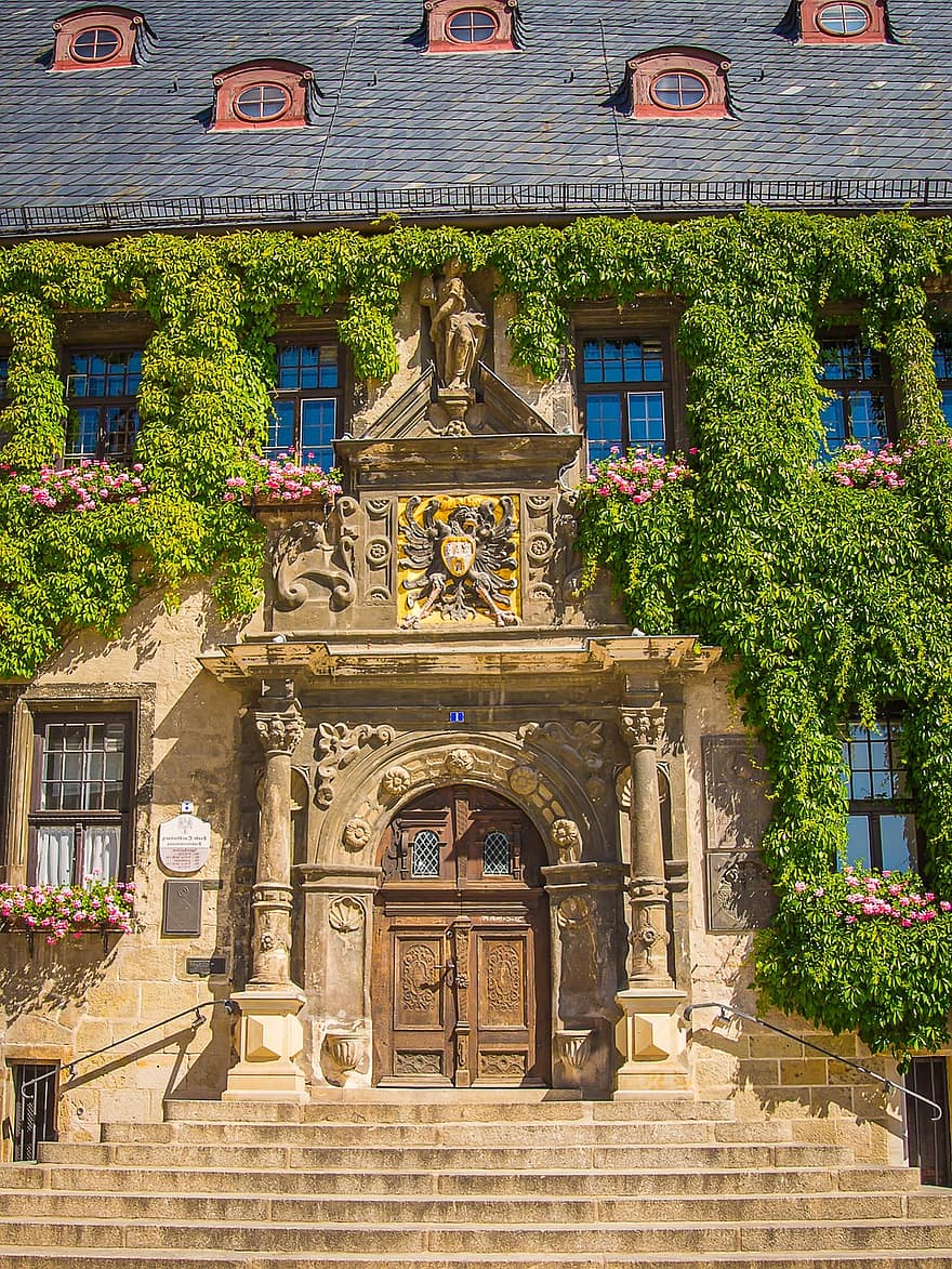 giriş portalı, Gotik, sarmaşık, kapı, merdivenler, taş, Quedlinburg, reçine, mimari, tarihi, Belediye binası