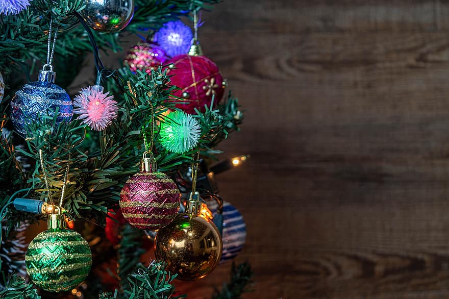 jul, bolde, træ, dekoration, juleindretning, dekorative, ornamenter, lys, fest, sæson, vinter