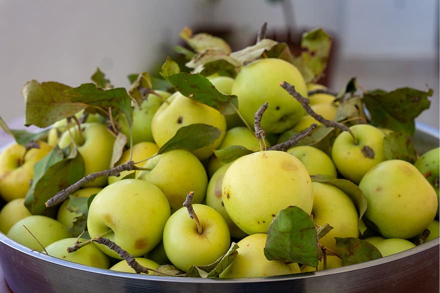 Šviežiai nuskinti obuoliai, obuoliai, dubuo, švieži obuoliai, žalieji obuoliai, vaisiai, švieži vaisiai, derlius, gaminti, ekologiškas, sveikas