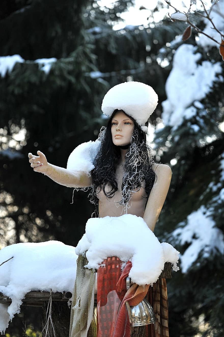nő, modell, deco, kerti dekoráció, hó, havazott, fa