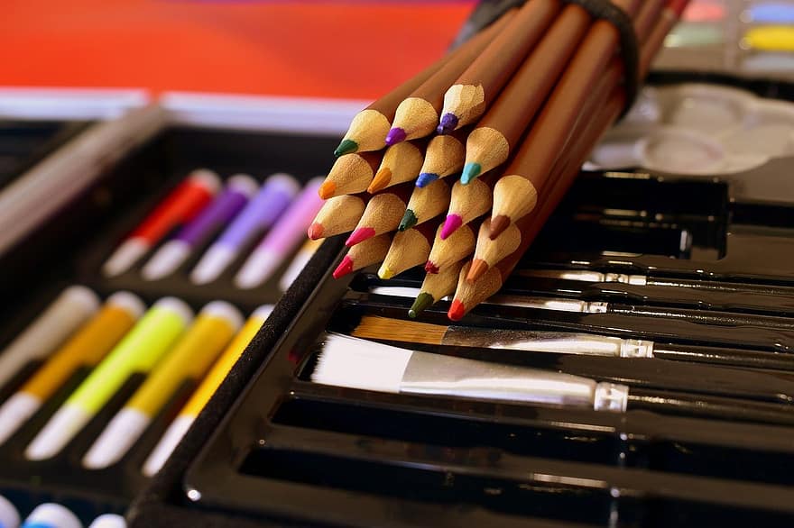 colored pencils, brushes, art