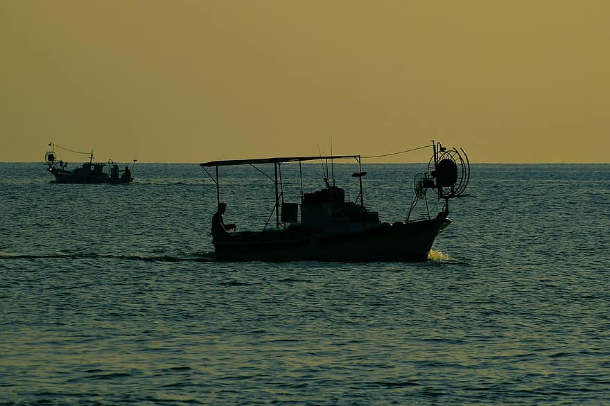 barcos de pesca, mar, por do sol, silhueta, sombra, barcos, vela, crepúsculo, oceano