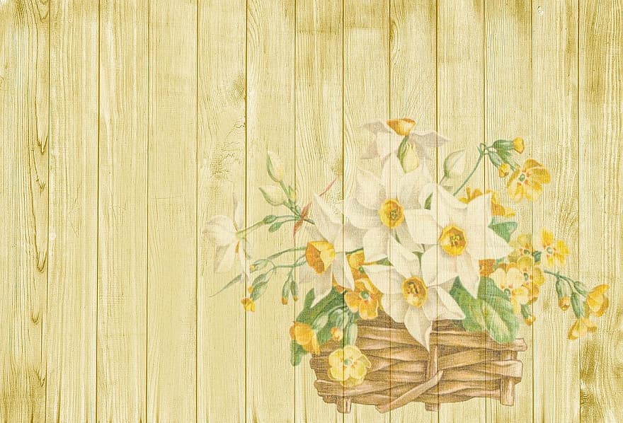 Background, Easter, Spring, Flowers, Basket, Nostalgic, Decoration, Floral, Easter Greeting, On Wood, Wood