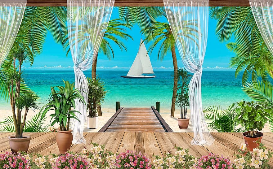 пляж, вилла, рай, летом, остров, лагуна, природа, каникулы, дерево, тропический климат, воды