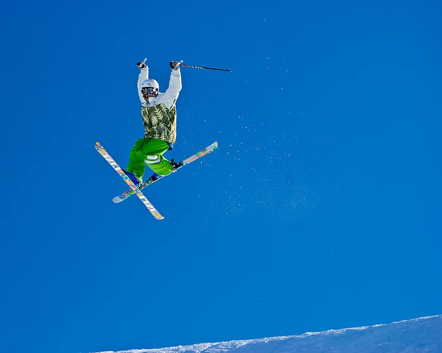 esquí, esquiador, nieve, Deportes extremos, deporte, invierno, saltando, truco, hombres, azul, montaña