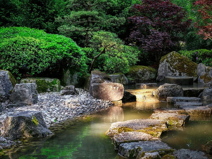corriente, jardín japonés, jardín, rocas, arboles, bosque, Arroyo, parque, naturaleza, escénico, oscuridad