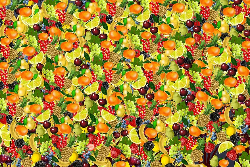 bakgrund, mönster, strukturera, frukt, hälsa, vitaminer, körsbär, citron-, orange, hallon, björnbär