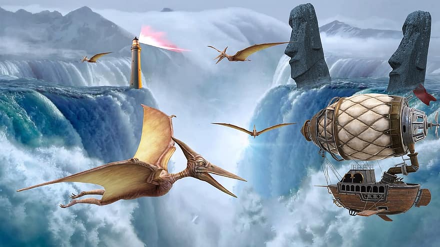 Pterodactyls, Blimp, Fantasy, Waterfall, Lighthouse, Moai, flying, illustration, cloud, sky, three dimensional