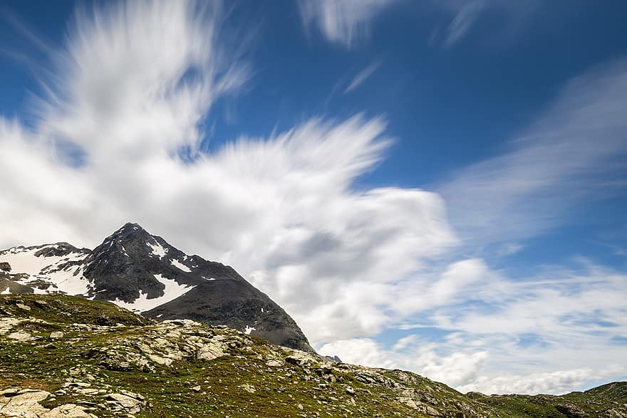 Mountains, Summit, Alps, Trail, Landscape, Nature, Peak, Sky, Clouds, Long Exposure, Engadin