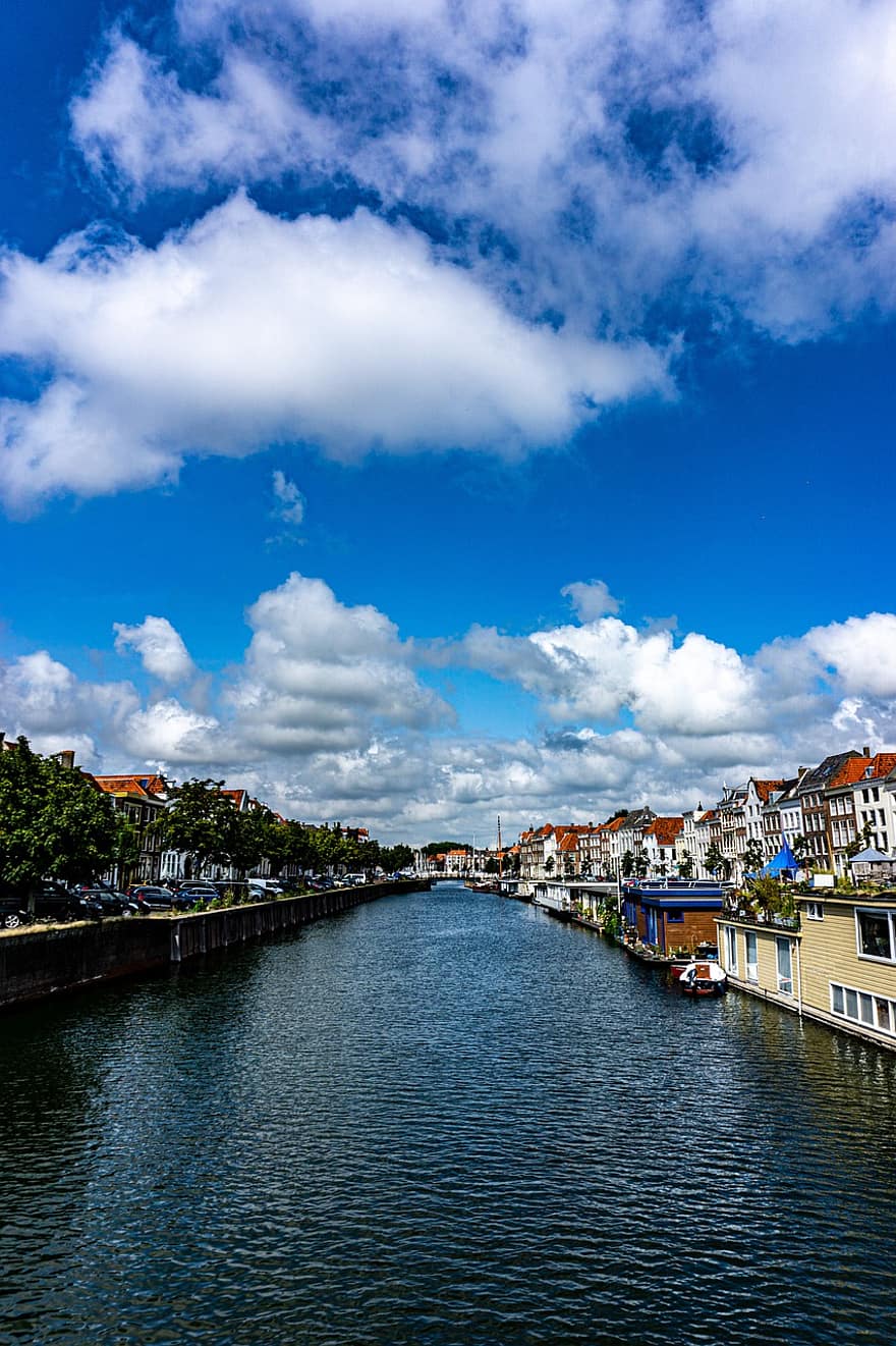 csatorna, folyó, Hollandia, Middelburg, városnézés, napos, város
