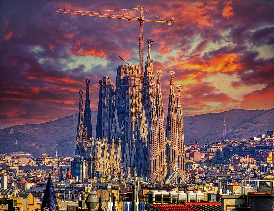 大聖堂、バルセロナ、建築、観光、旅行、日没、夕暮れ、ファサード