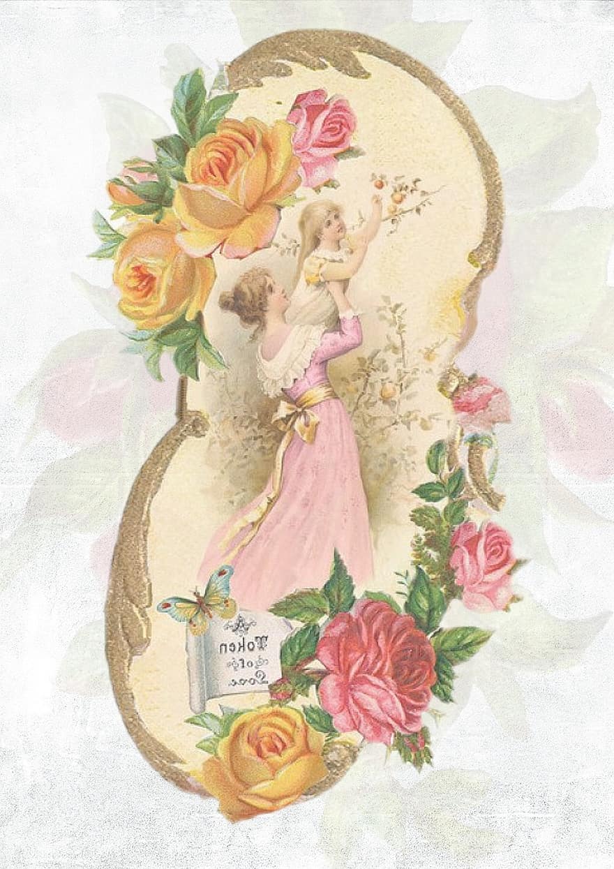 vintage, rosa, disseny, vell, floral, flor, flor vintage, floral vintage, romàntic, fons de roses, targeta