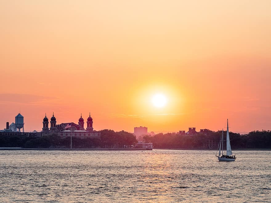 Rio Hudson, por do sol, Manhattan, cidade, Nova york, skyline, Nova York, Estados Unidos, EUA, paisagem urbana, crepúsculo