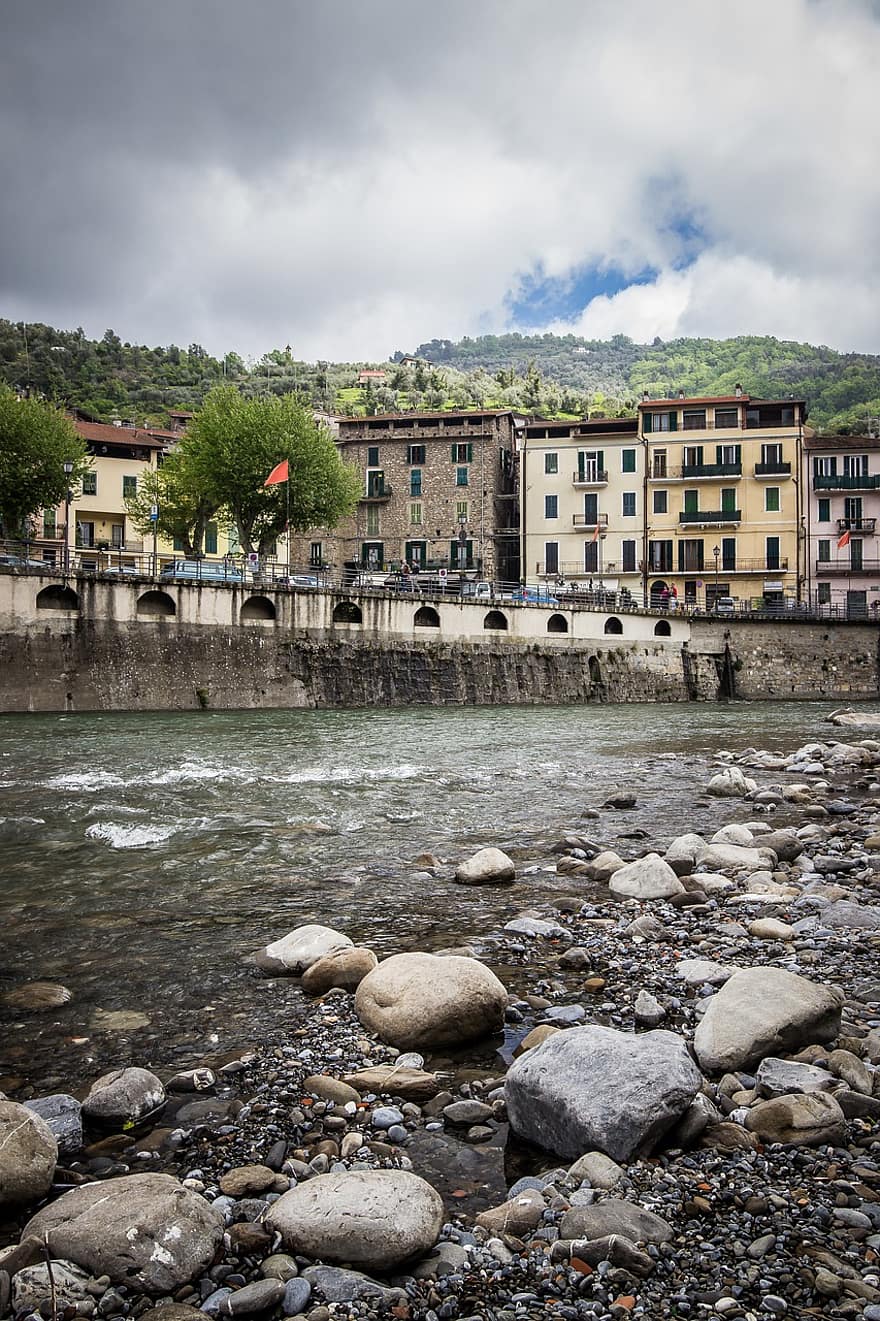 река, скали, сгради, крайбрежие, бряг, Италия