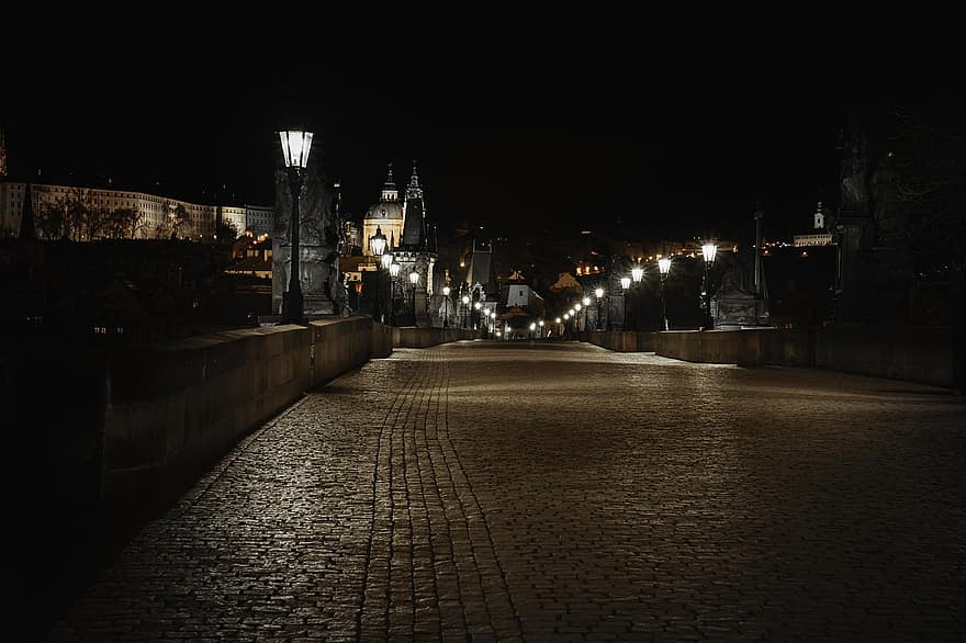 noche, calle, pavimento, acera, ciudad, Bohemia, paisaje urbano, adoquines, Republica checa