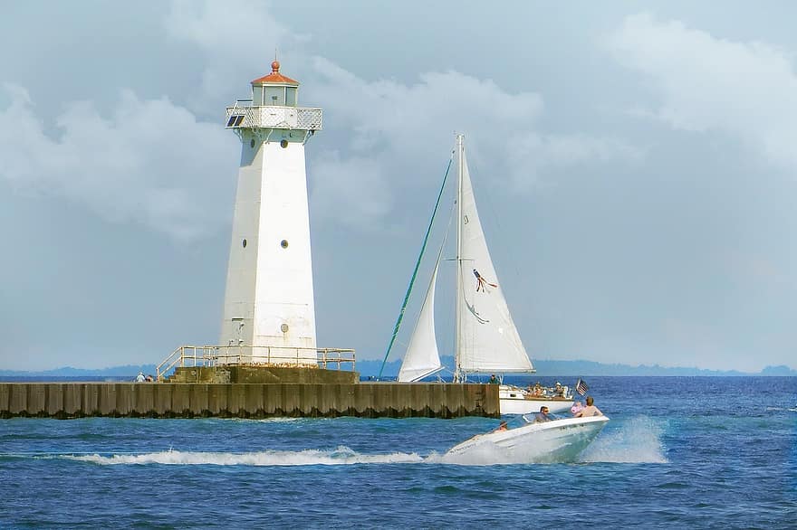 Seascape, Landscape, Lighthouse, Tower, Beacon, Light, Safety, Nautical, Scenic, Sailboat, Speed Boat