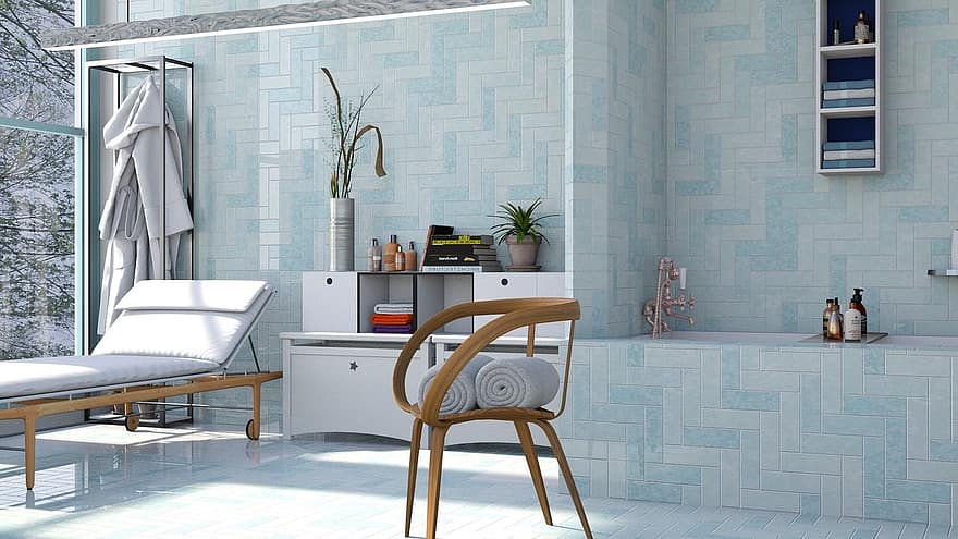 bagno, blu, piastrella, parete, design