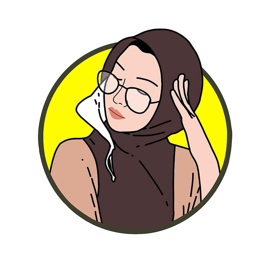 Dizzy, Cartoon, Face, Woman, Girl, Islam, Muslim, Glasses, Beautiful, Portrait, Profile