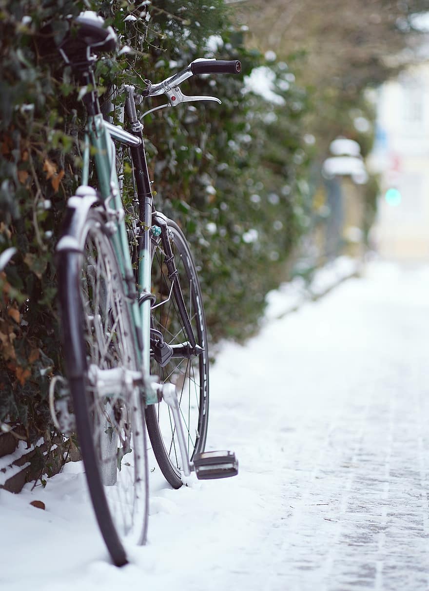 jízdní kolo, ulice, sníh, zimní, kolo, silniční kolo, silnice, chodník