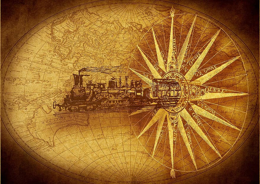 höyryveturi, kompassi, maailman kartta, piirustus, historia, kuljetus, matkustaa, antiikki-, aikamatka, nostalgia, scrapbooking